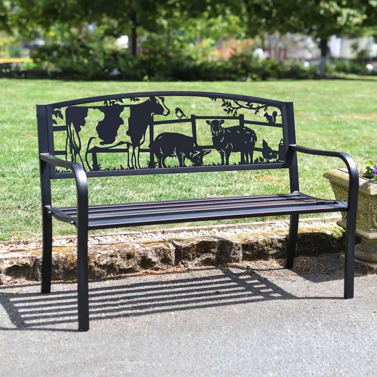 Bespoke "Farmyard Animals" Iron & Steel Park Bench in Black in Situ Bespoke "Farmyard Animals" Iron & Steel Park Bench in Black in Situ