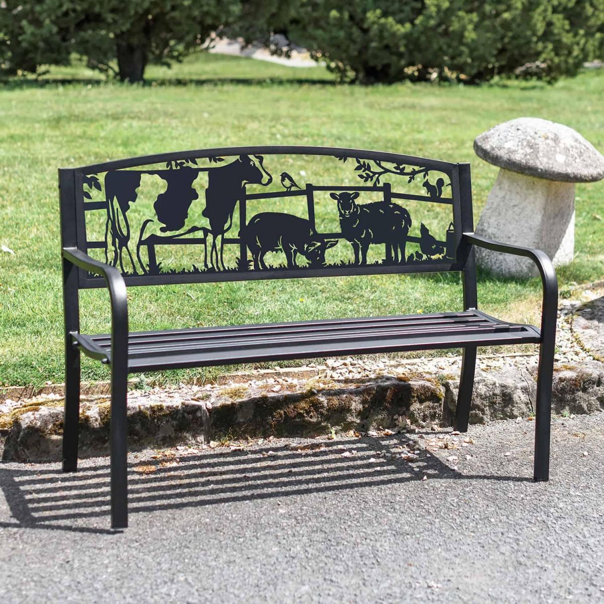 Black Bespoke "Farmyard Animals" Iron & Steel Park Bench in Situ Black Bespoke "Farmyard Animals" Iron & Steel Park Bench in Situ
