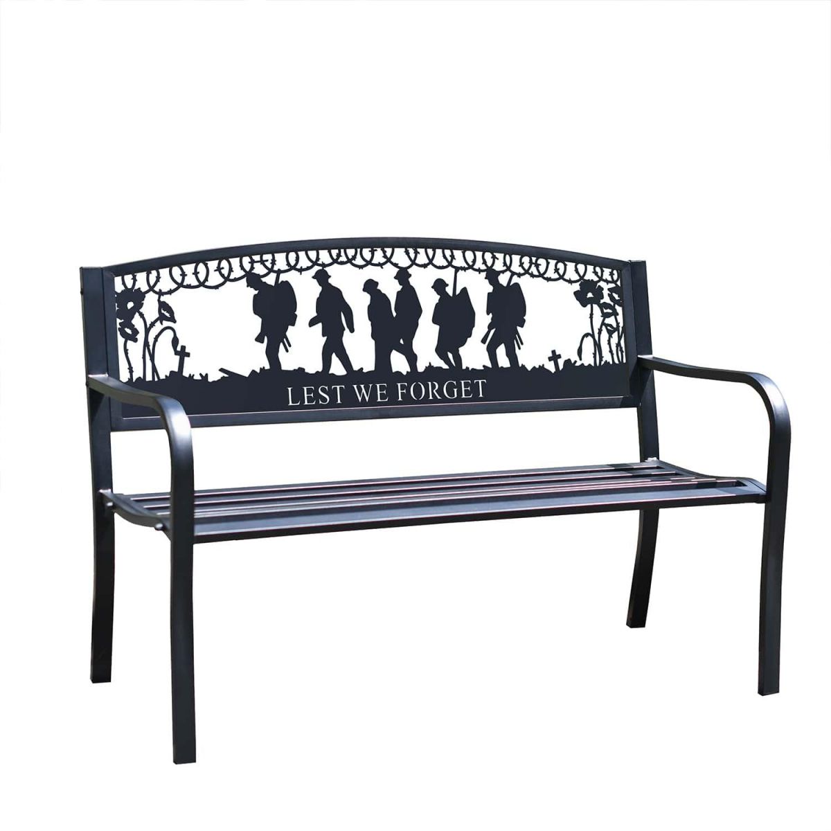 Close-Up of Bespoke "Lest We Forget" Soldiers Iron & Steel Park Bench in Black