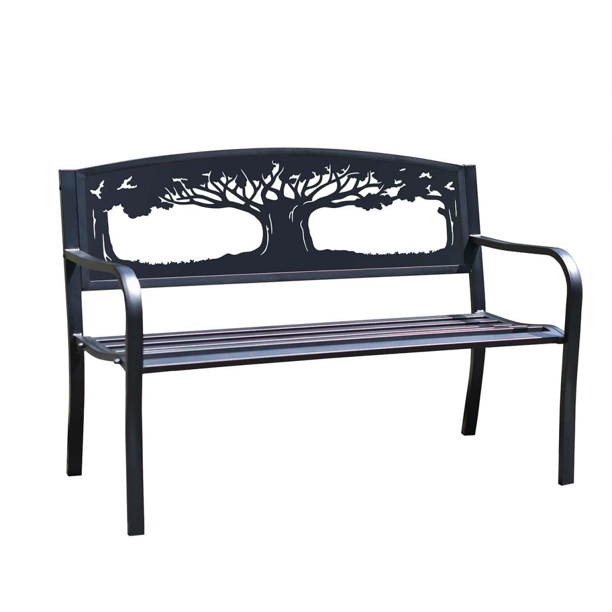 Close-Up of Bespoke "Tree of Life" Iron & Steel Park Bench in Black
