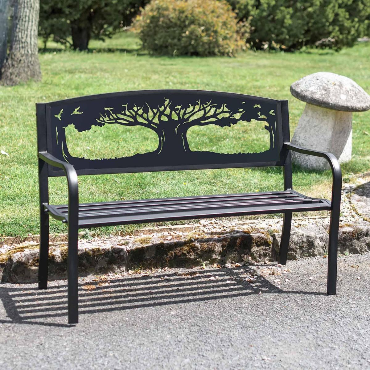 Close-Up of Black Bespoke "Tree of Life" Iron & Steel Park Bench