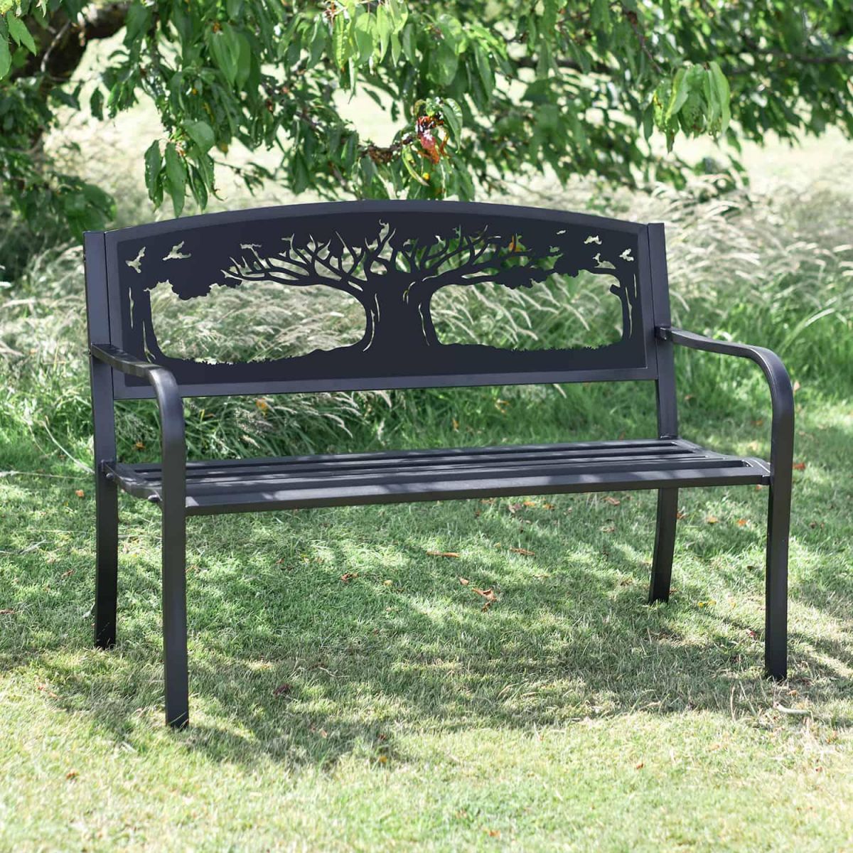 Bespoke "Tree of Life" Iron & Steel Park Bench in Black in Situ