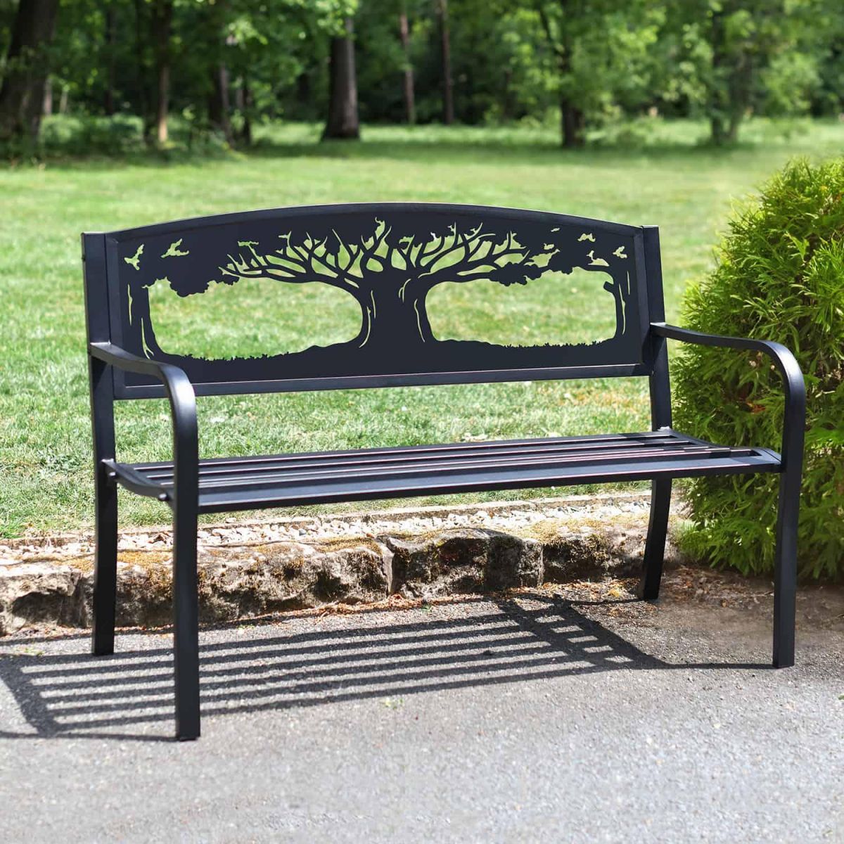 Bespoke "Tree of Life" Iron & Steel Park Bench in Black