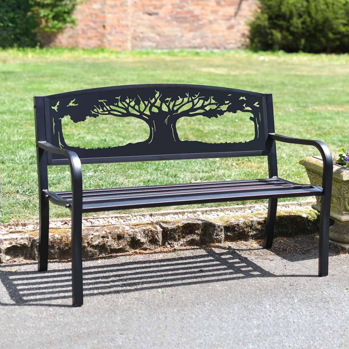 Black Bespoke "Tree of Life" Iron & Steel Park Bench in Situ