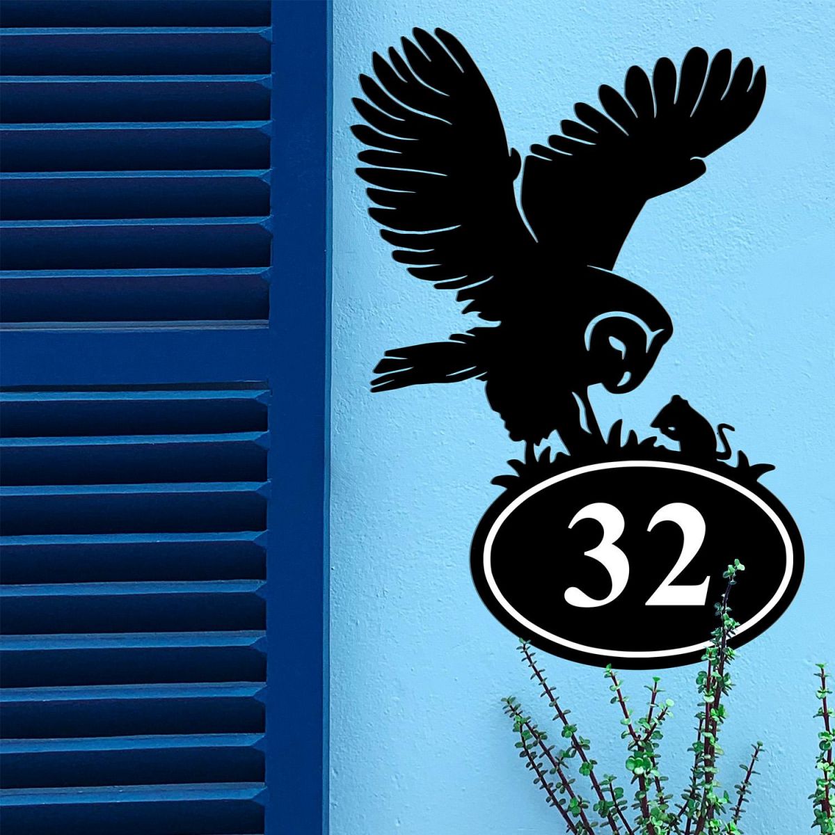 Bespoke Barn Owl House Number Sign On Blue Background