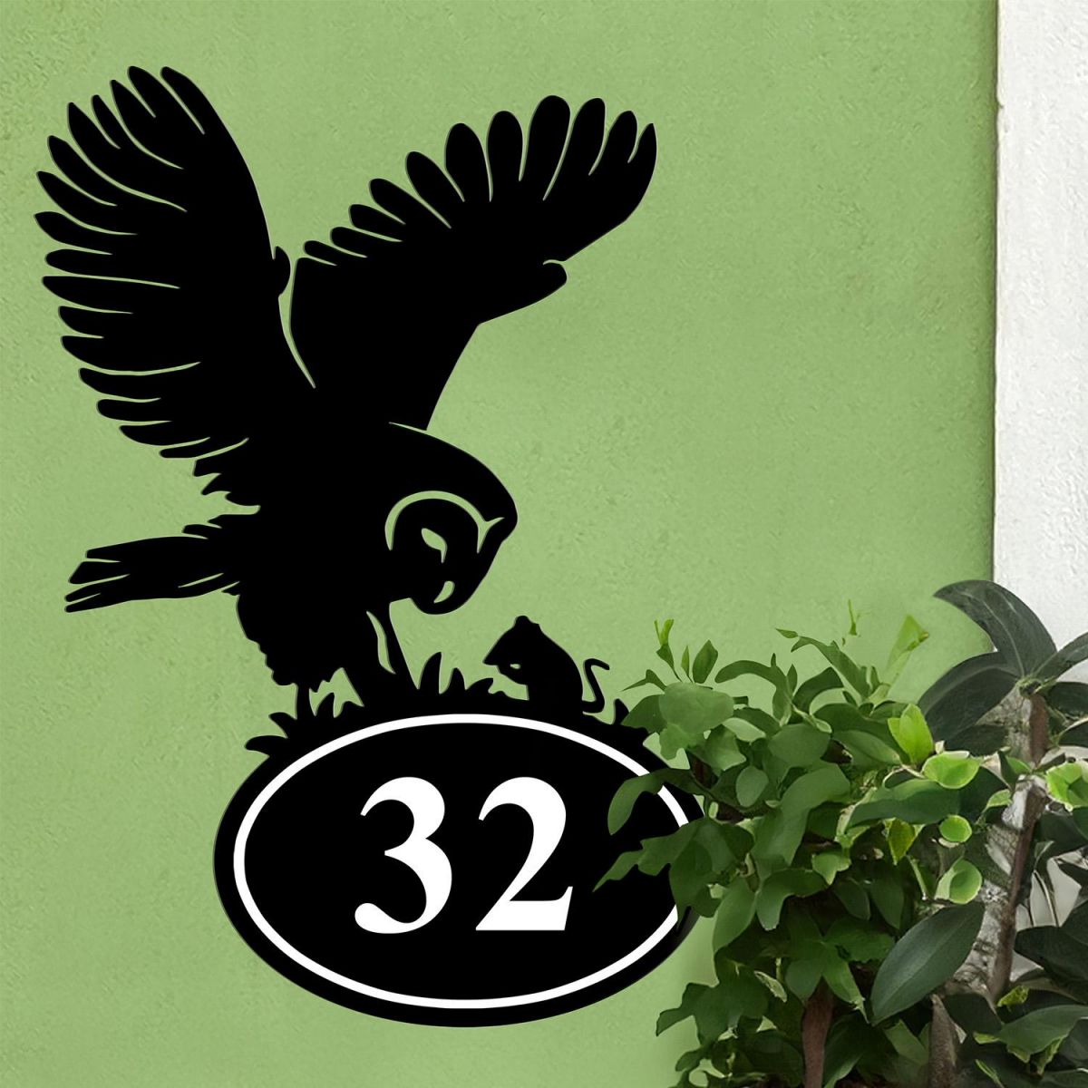 Bespoke Barn Owl House Number Sign On Green Background
