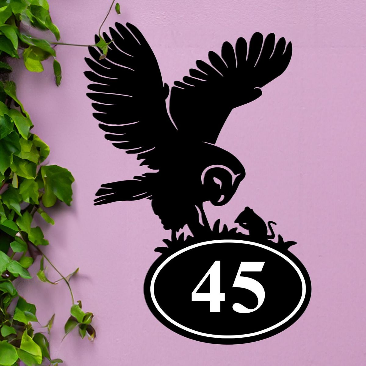 Bespoke Barn Owl House Number Sign On Lilac Background