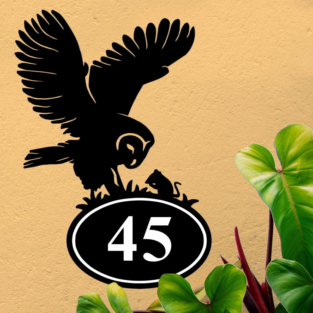 Bespoke Barn Owl House Number Sign On Peach Wall
