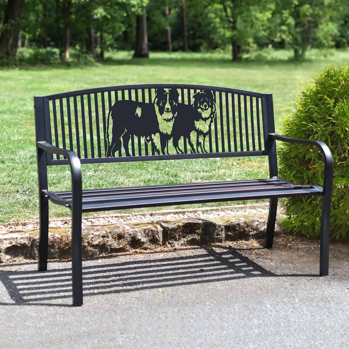 Black Bespoke Border Collie Pair Iron & Steel Park Bench in Situ Black Bespoke Border Collie Pair Iron & Steel Park Bench in Situ