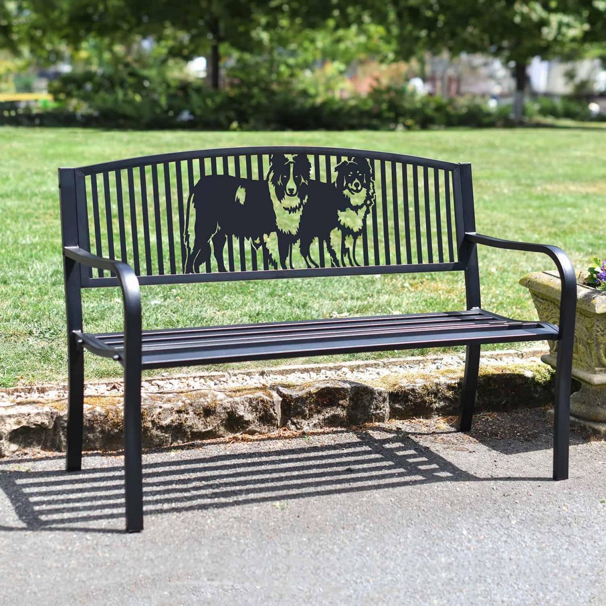 Bespoke Border Collie Pair Iron & Steel Park Bench in Black in Situ Bespoke Border Collie Pair Iron & Steel Park Bench in Black in Situ