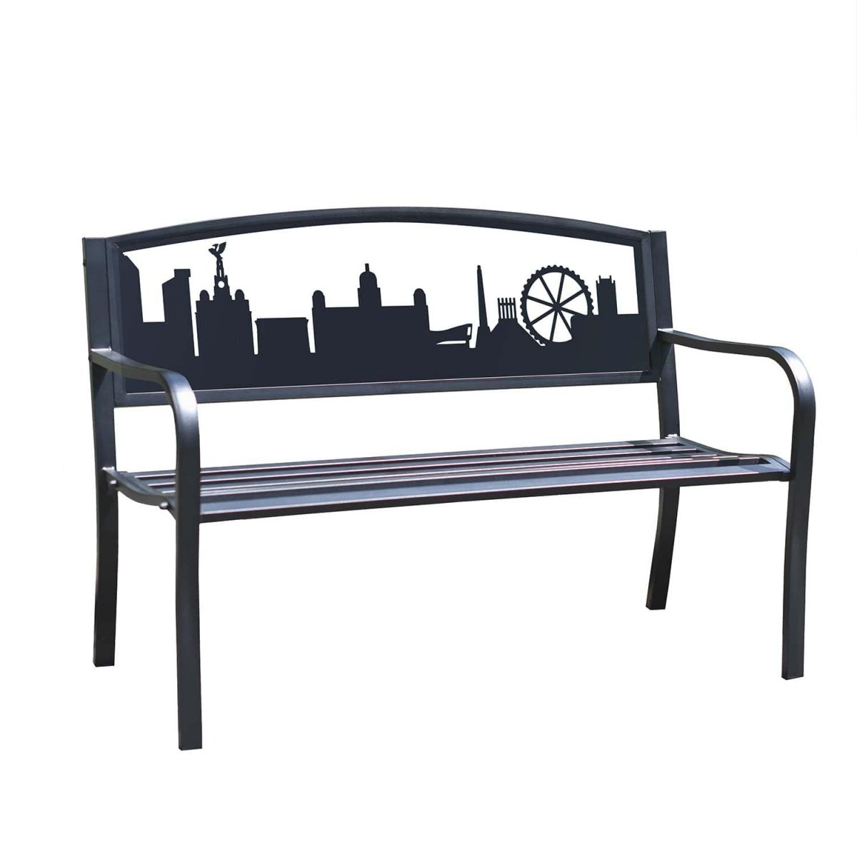 Bespoke City of Liverpool Iron & Steel Park Bench in Black on White Background