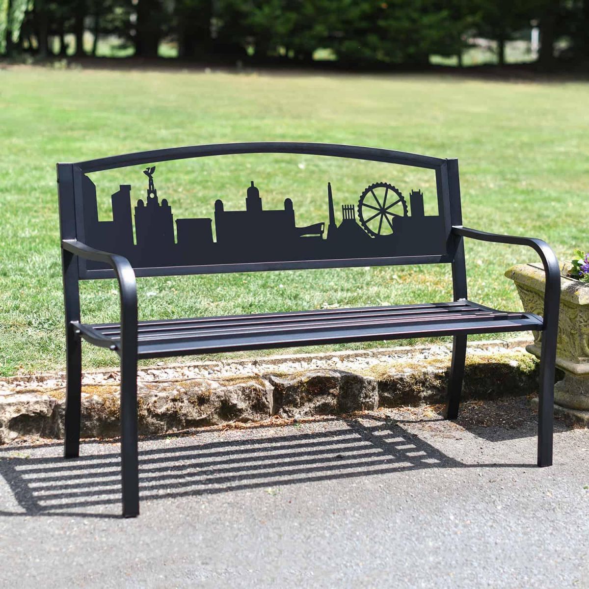 Black Bespoke Iron & Steel Park Bench with City of Liverpool Motif
