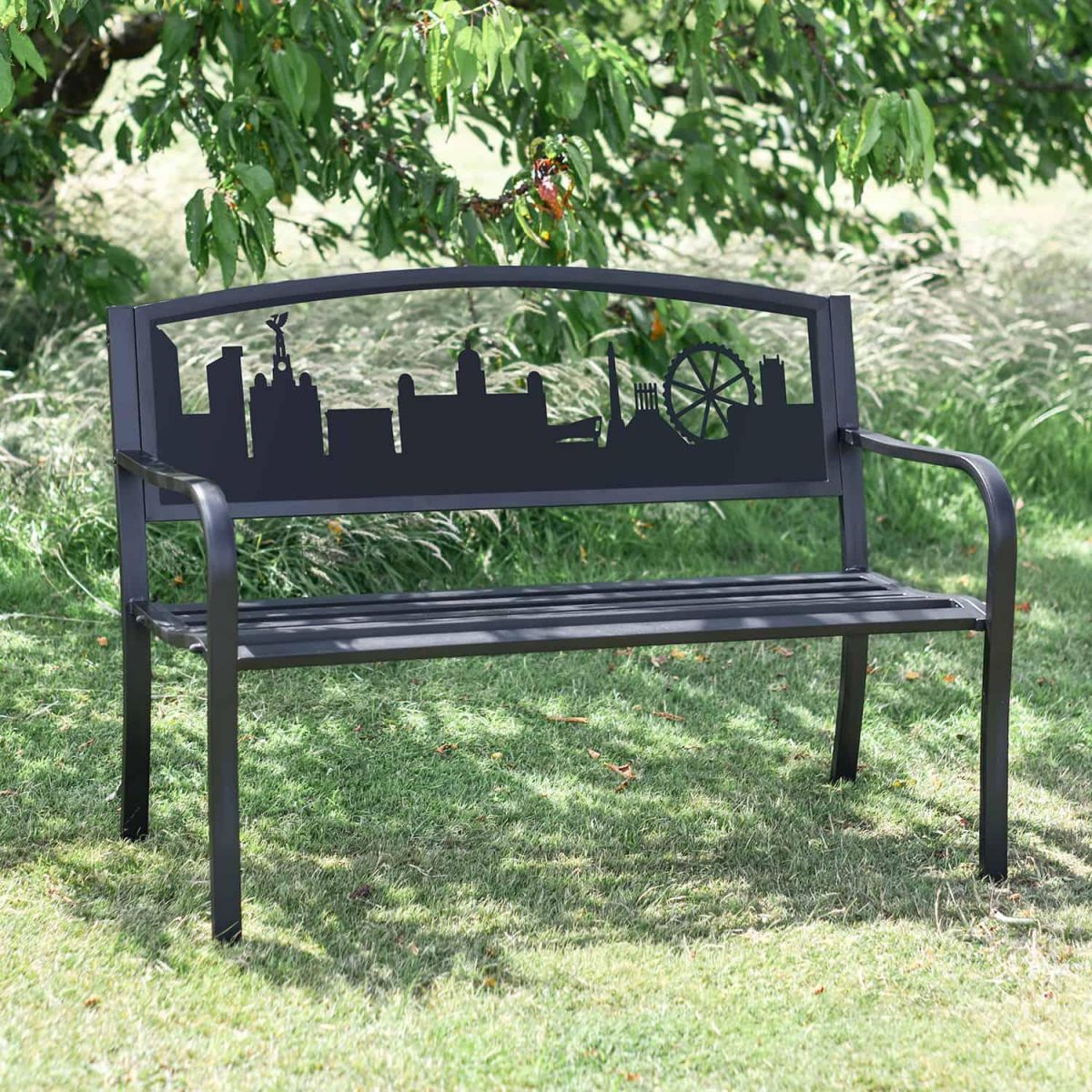 Black Bespoke Iron & Steel Park Bench with City of Liverpool Design