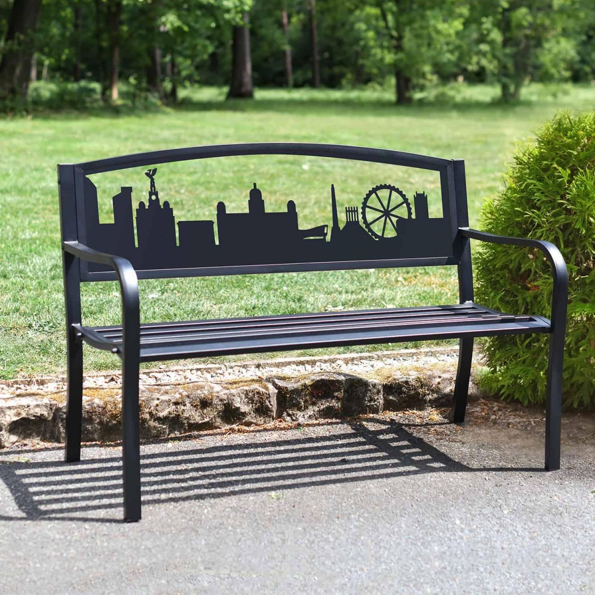 Bespoke City of Liverpool Iron & Steel Park Bench in Black in Situ