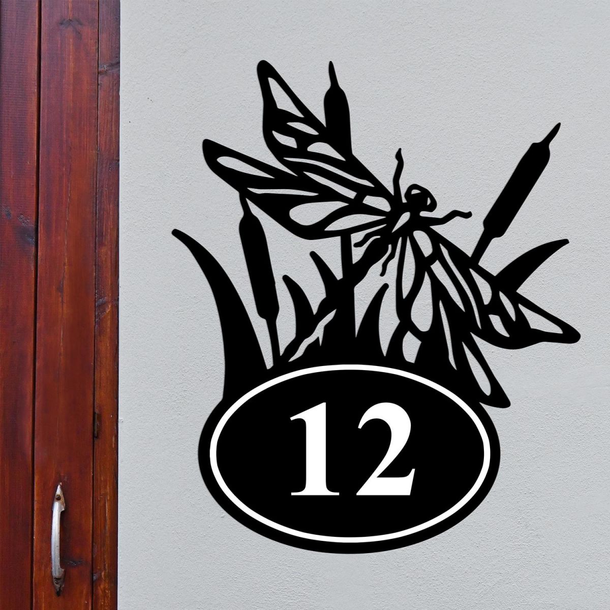 Bespoke Dragonfly House Number Sign On Grey Background