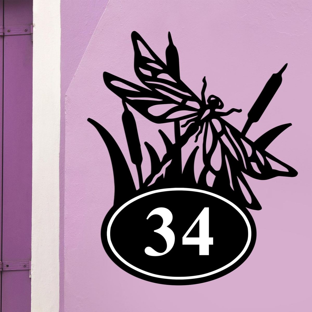 Bespoke Dragonfly House Number Sign On Lilac Background