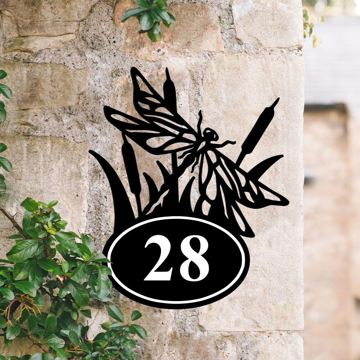 Bespoke Dragonfly House Number Sign On Stone Wall