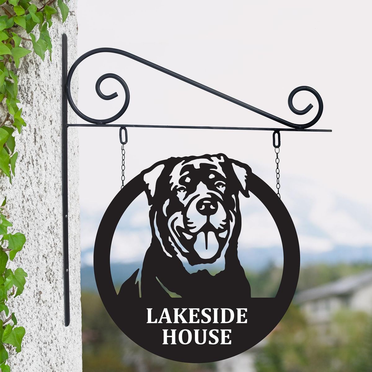 Bespoke Hanging Rottweiler House Number Sign In Situ