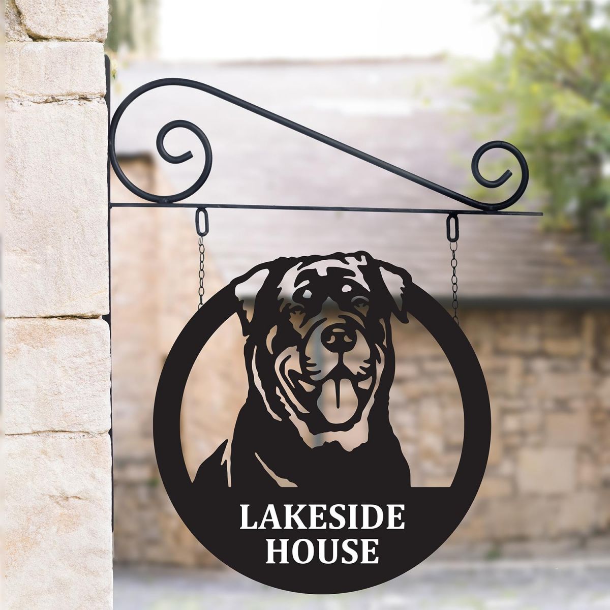 Bespoke Hanging Rottweiler House Number Sign On Stone Wall