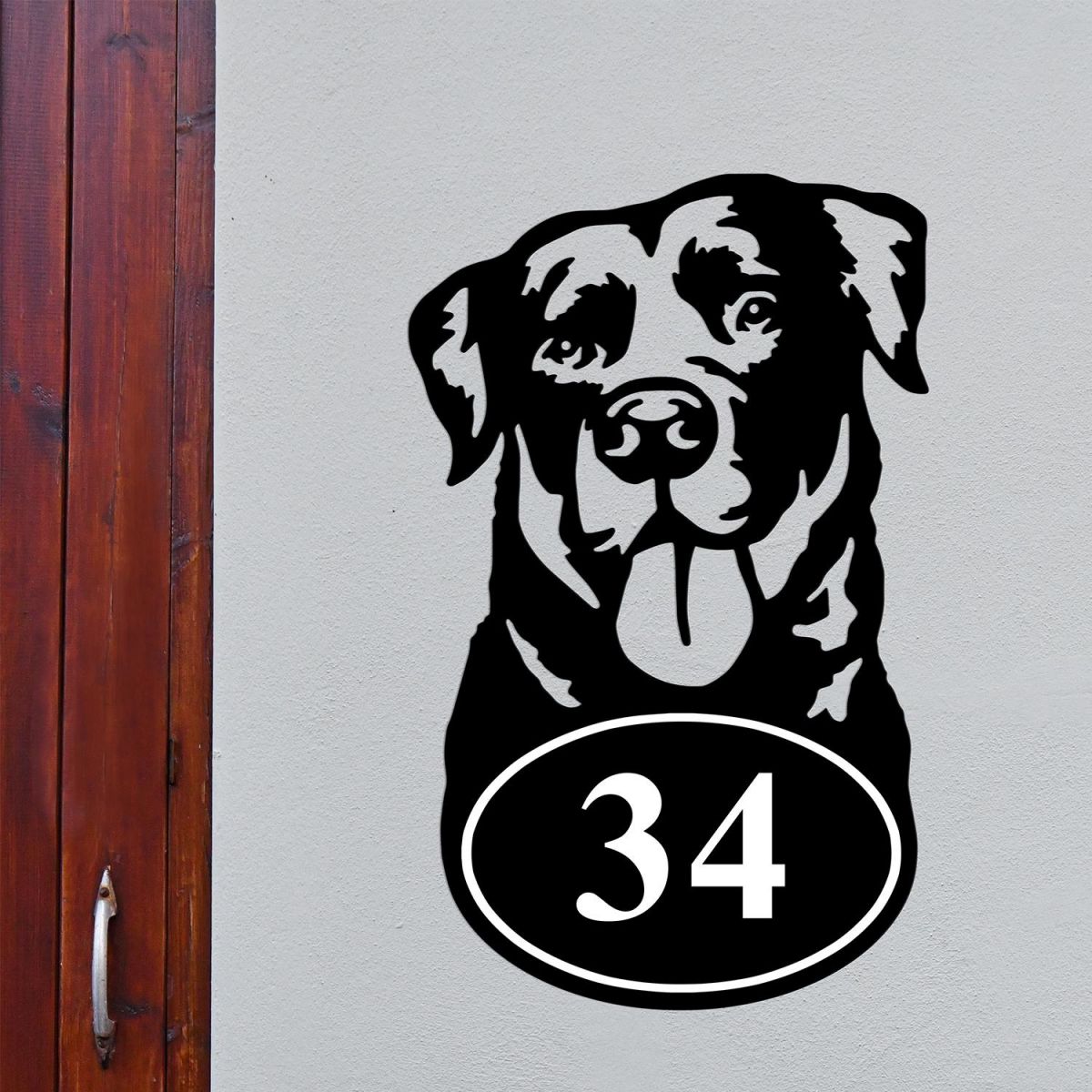 Bespoke Labrador House Number Sign On Grey Wall