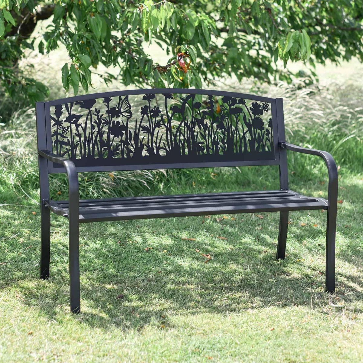 Iron & Steel Park Bench in Black with Bespoke Meadow Cut-Out Iron & Steel Park Bench in Black with Bespoke Meadow Cut-Out