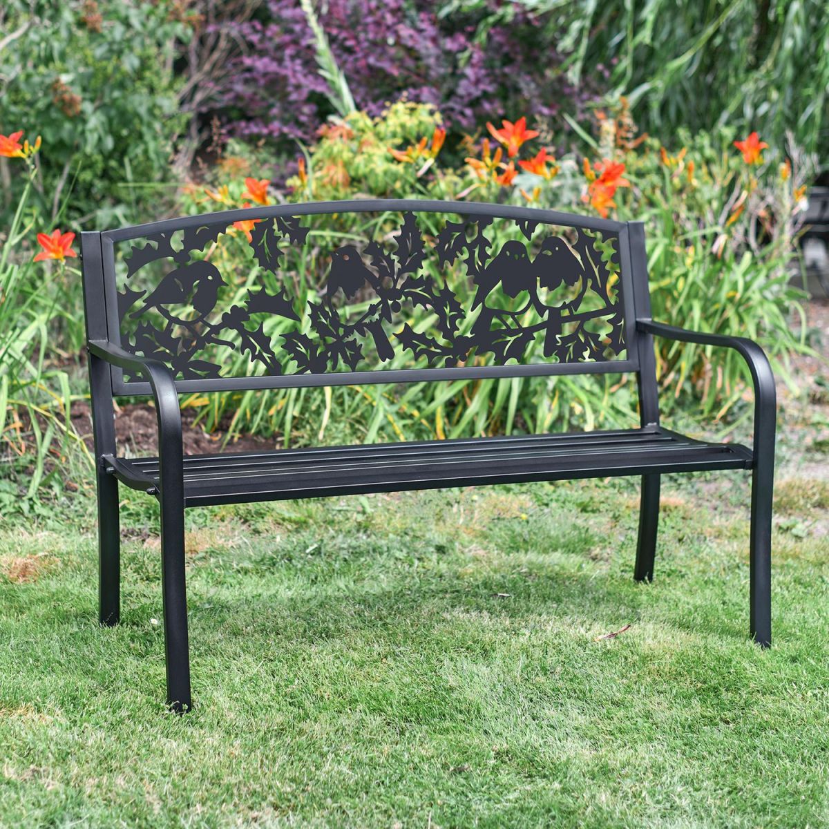 Iron & Steel Park Bench in Black with Bespoke Robins Cut-Out