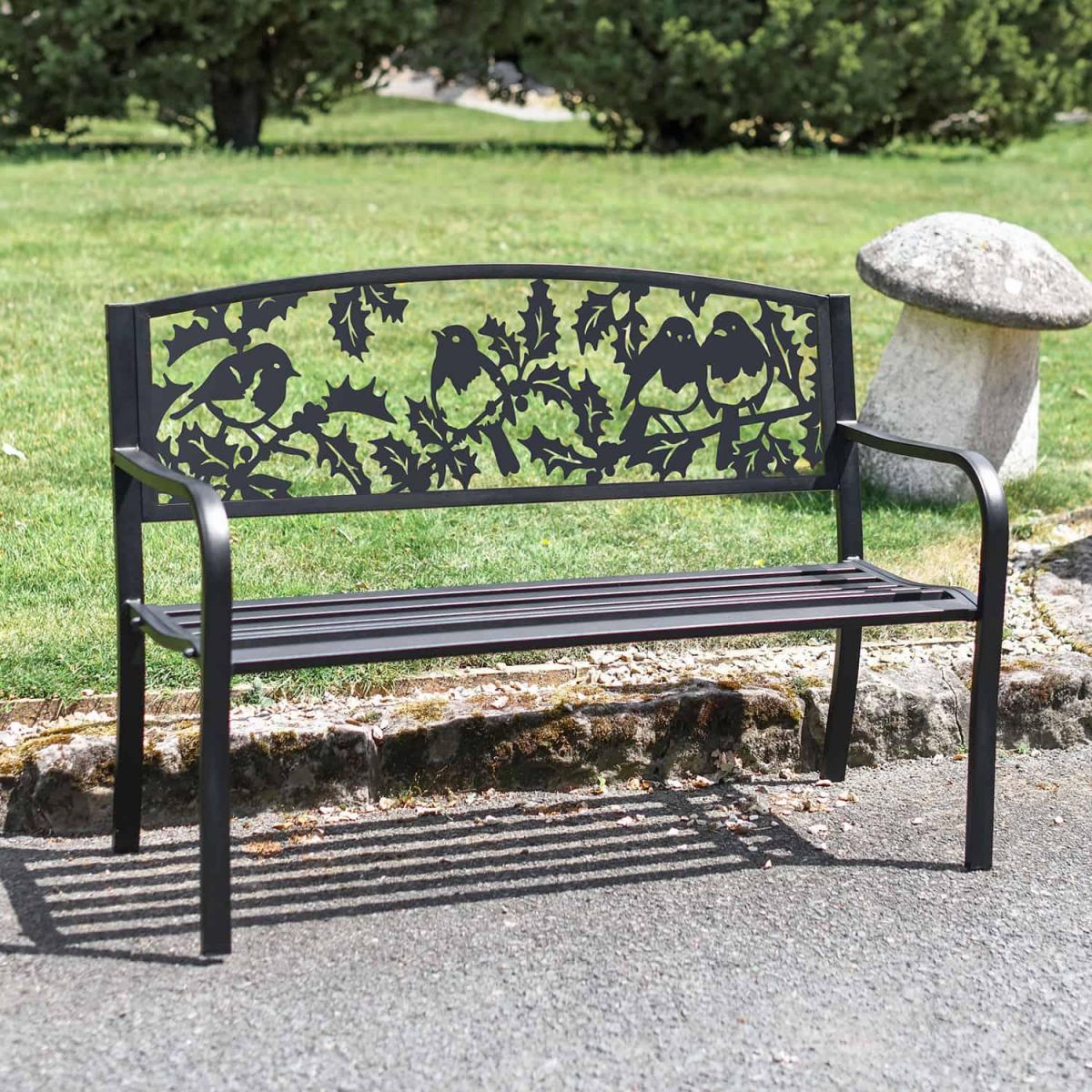 Iron & Steel Park Bench in Black with Bespoke Robins Design in Situ