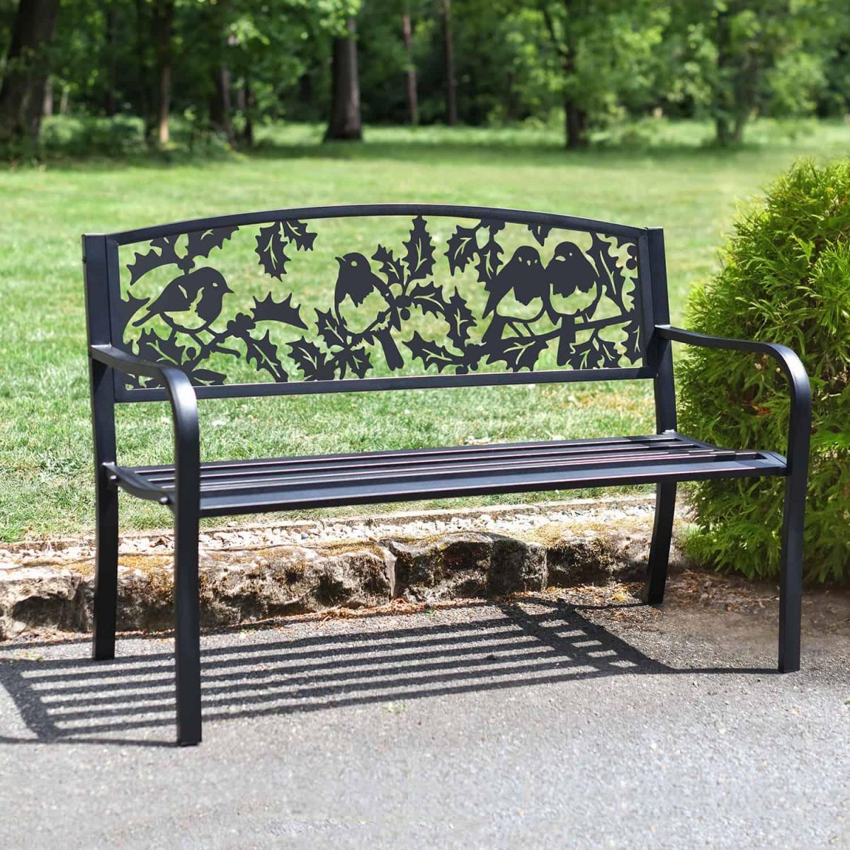 Bespoke Robins Iron & Steel Park Bench in Black in Situ