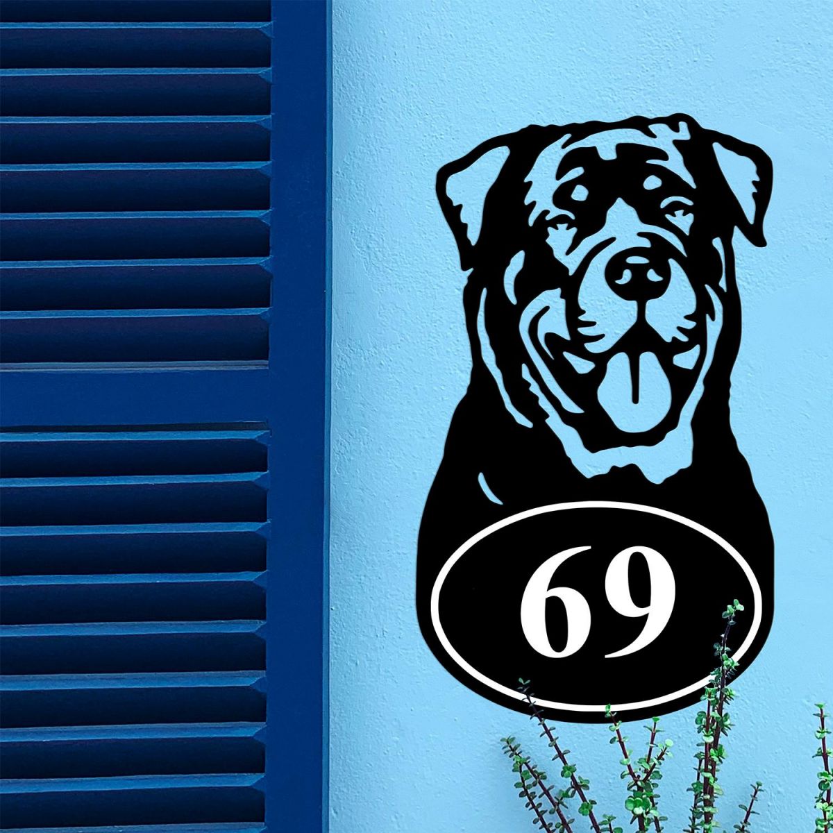 Bespoke Rottweiler House Number Sign On Blue Wall