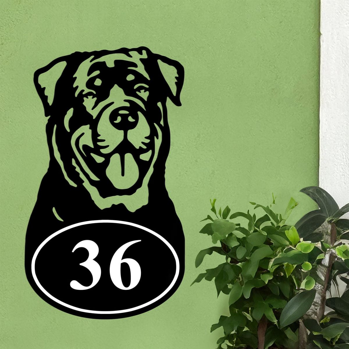 Bespoke Rottweiler House Number Sign On Green Wall
