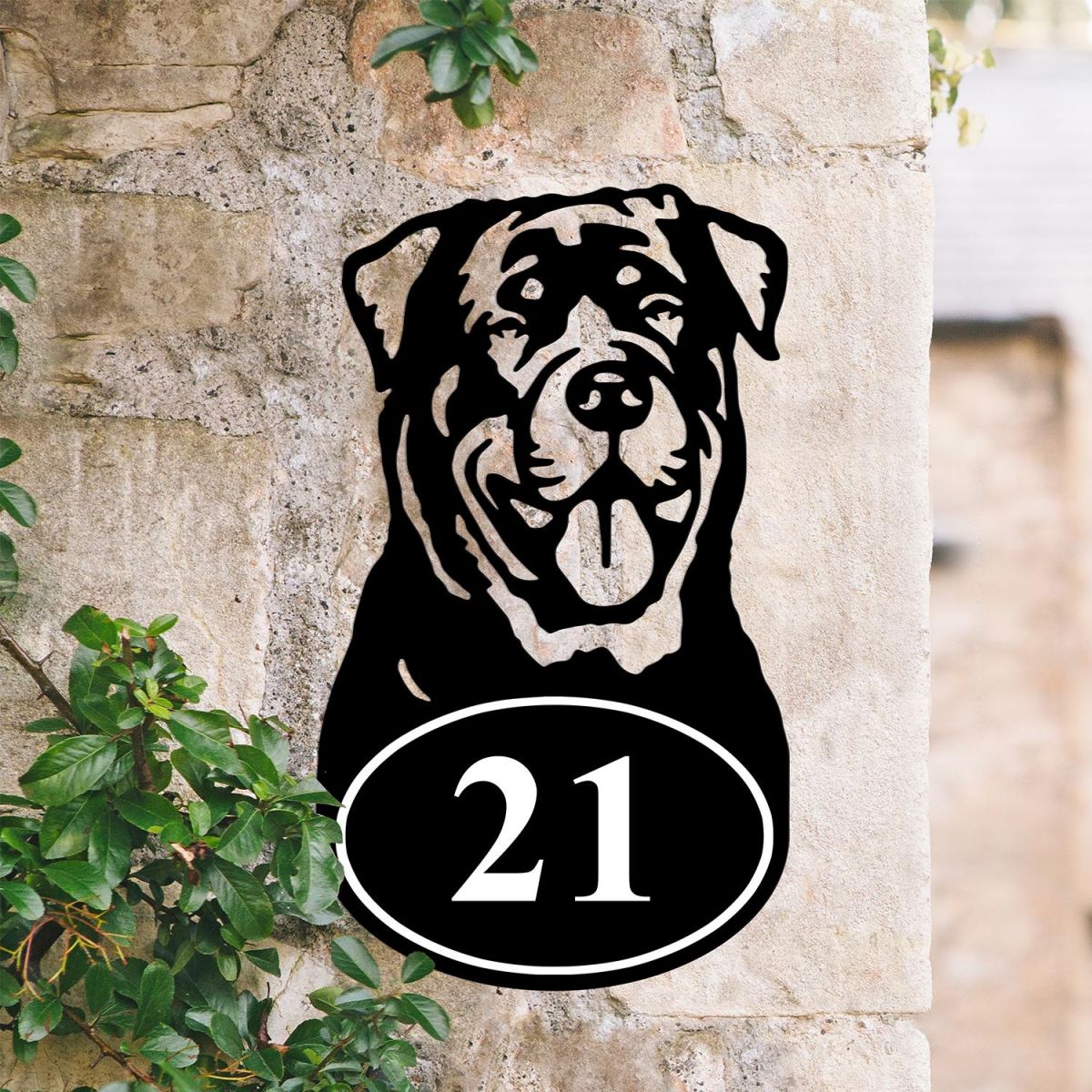 Bespoke Rottweiler House Number Sign On Stone Wall