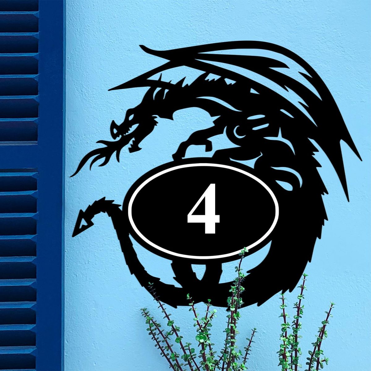 Bespoke Tribal Dragon House Number Sign On Blue Background Bespoke Tribal Dragon House Number Sign On Blue Background