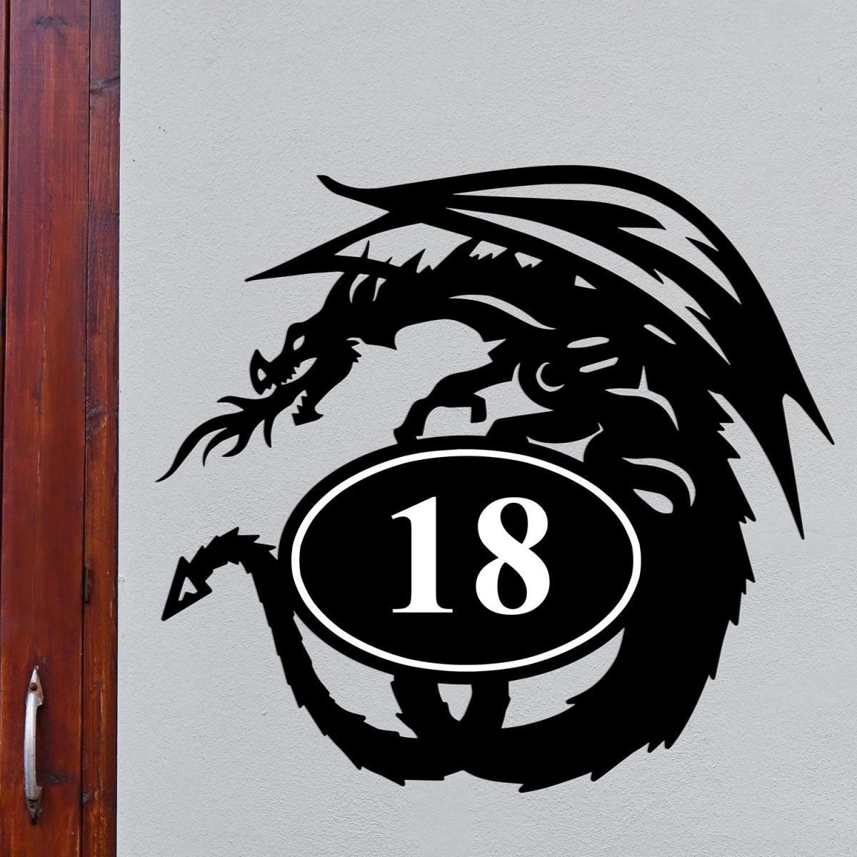 Bespoke Tribal Dragon House Number Sign On Grey Background Bespoke Tribal Dragon House Number Sign On Grey Background