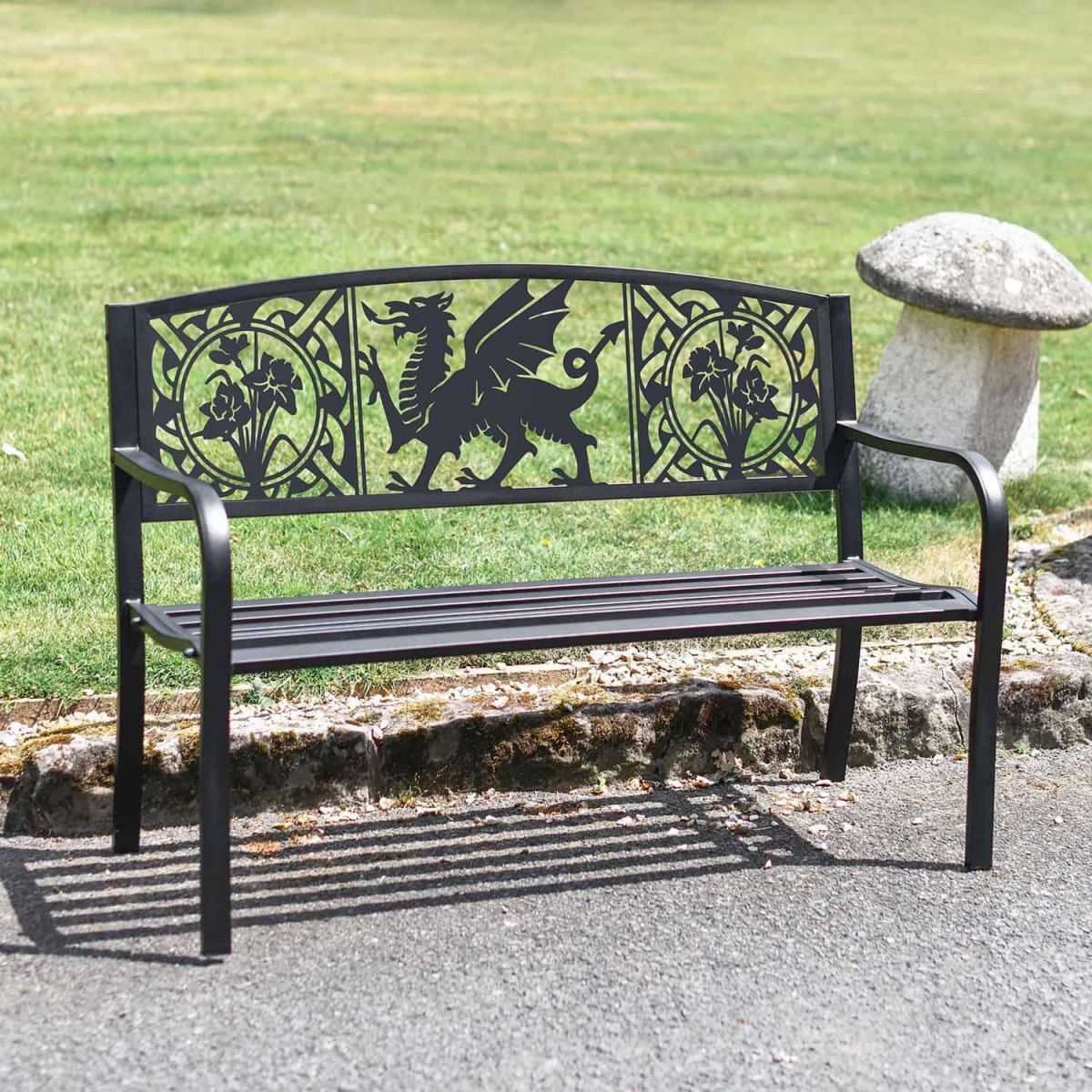 Bespoke Welsh Dragon Iron & Steel Park Bench in Black in Situ Bespoke Welsh Dragon Iron & Steel Park Bench in Black in Situ