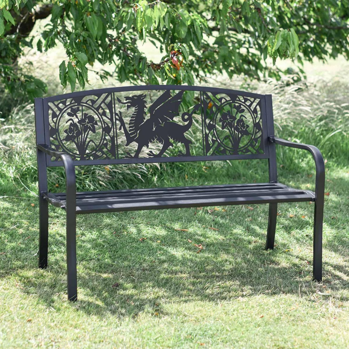 Iron & Steel Park Bench in Black with Bespoke Welsh Dragon Cut-Out Iron & Steel Park Bench in Black with Bespoke Welsh Dragon Cut-Out