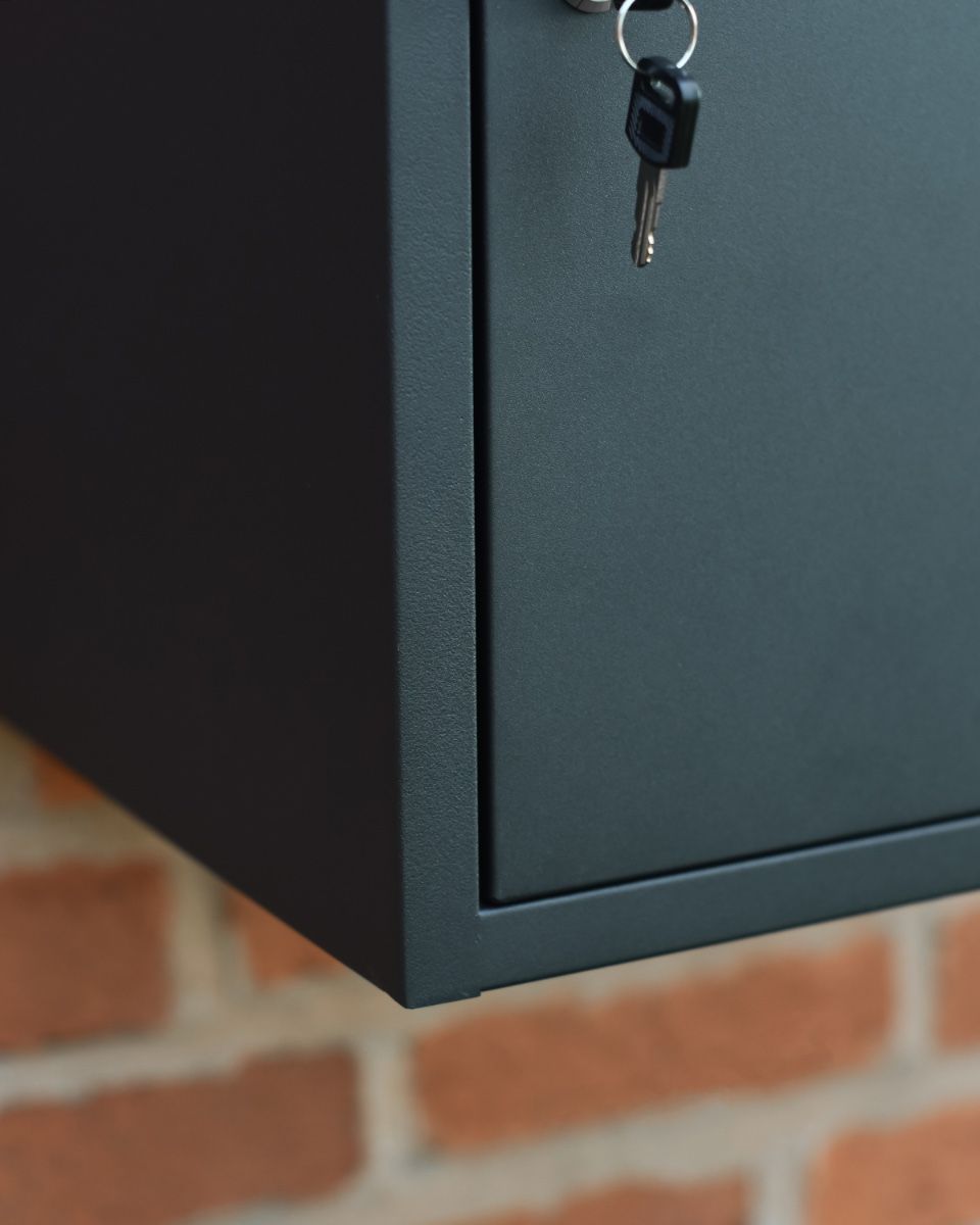 Bexley wall-mounted parcel box in Black Door close up and key