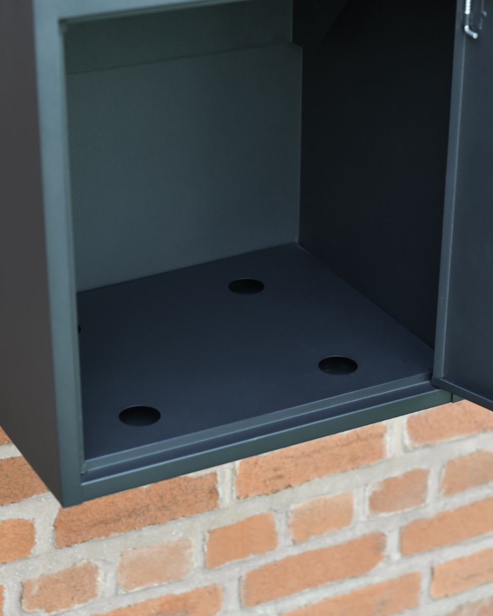 Bexley wall-mounted parcel box in Black Drainage holes