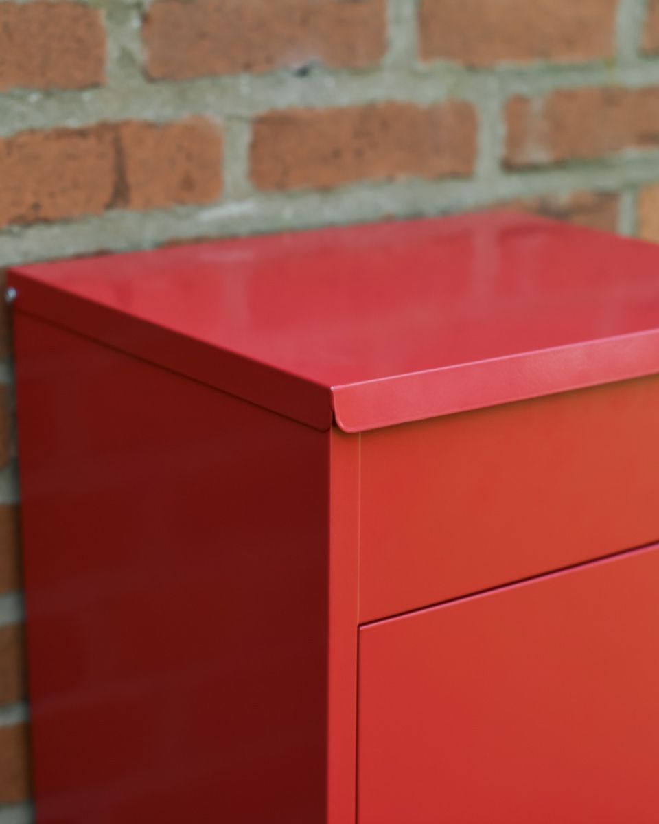 Red Bexley Wall Mounted Parcel Box Close up of lid