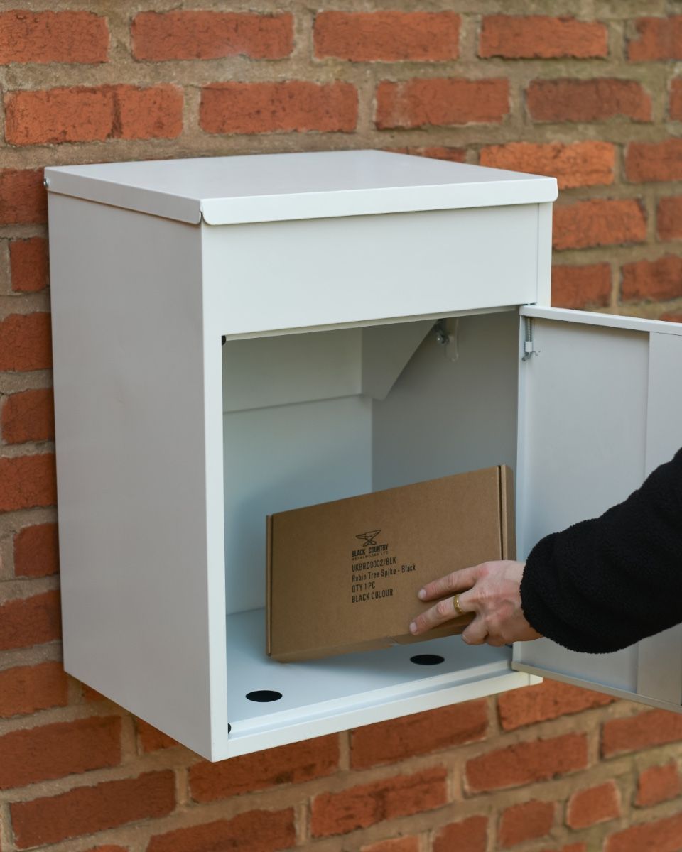 White Bexley Wall Mounted Parcel Box Open front access and parcel