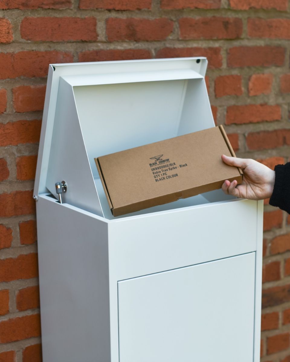 White Bexley Wall Mounted Parcel Box Open lid with parcel