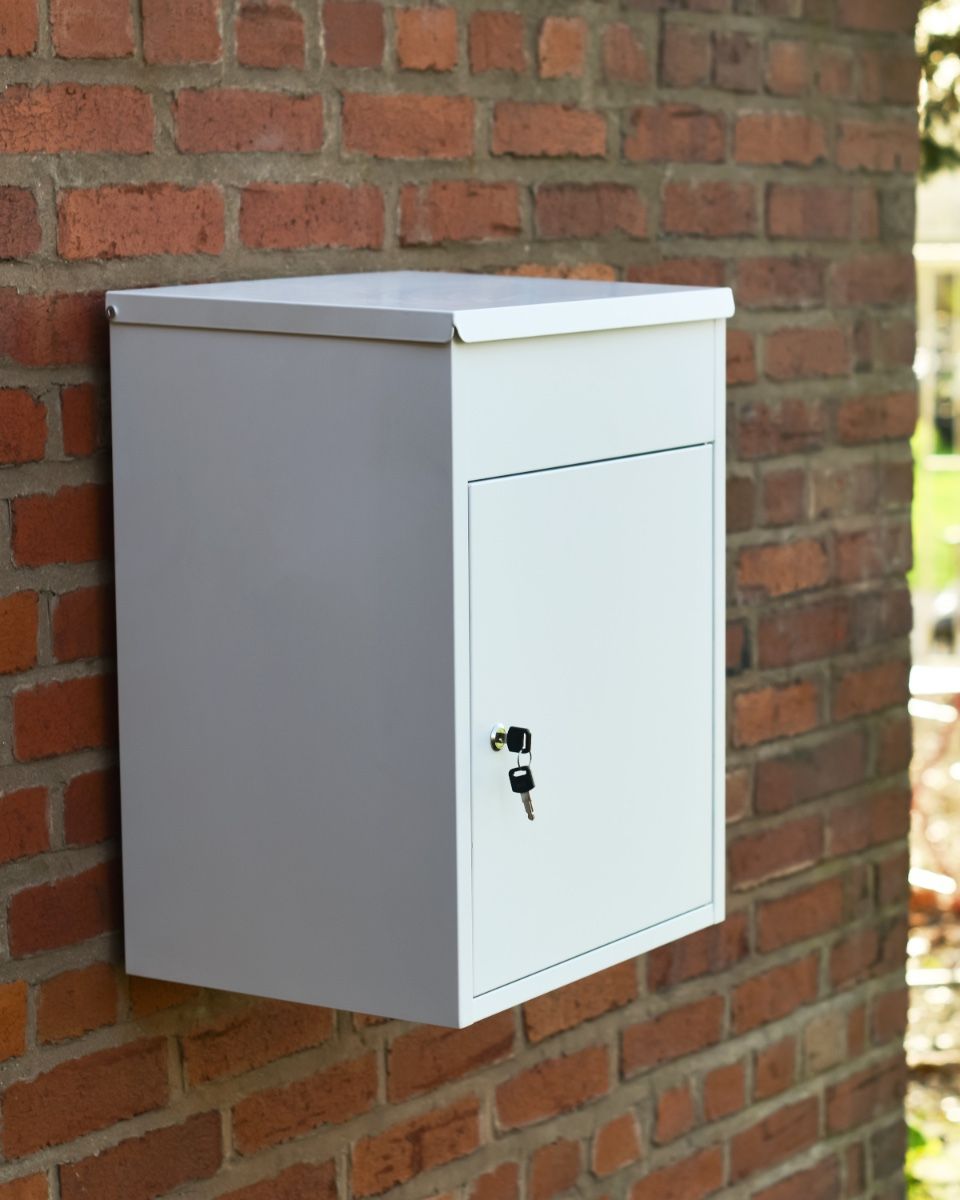 White Bexley Wall Mounted Parcel Box Side View