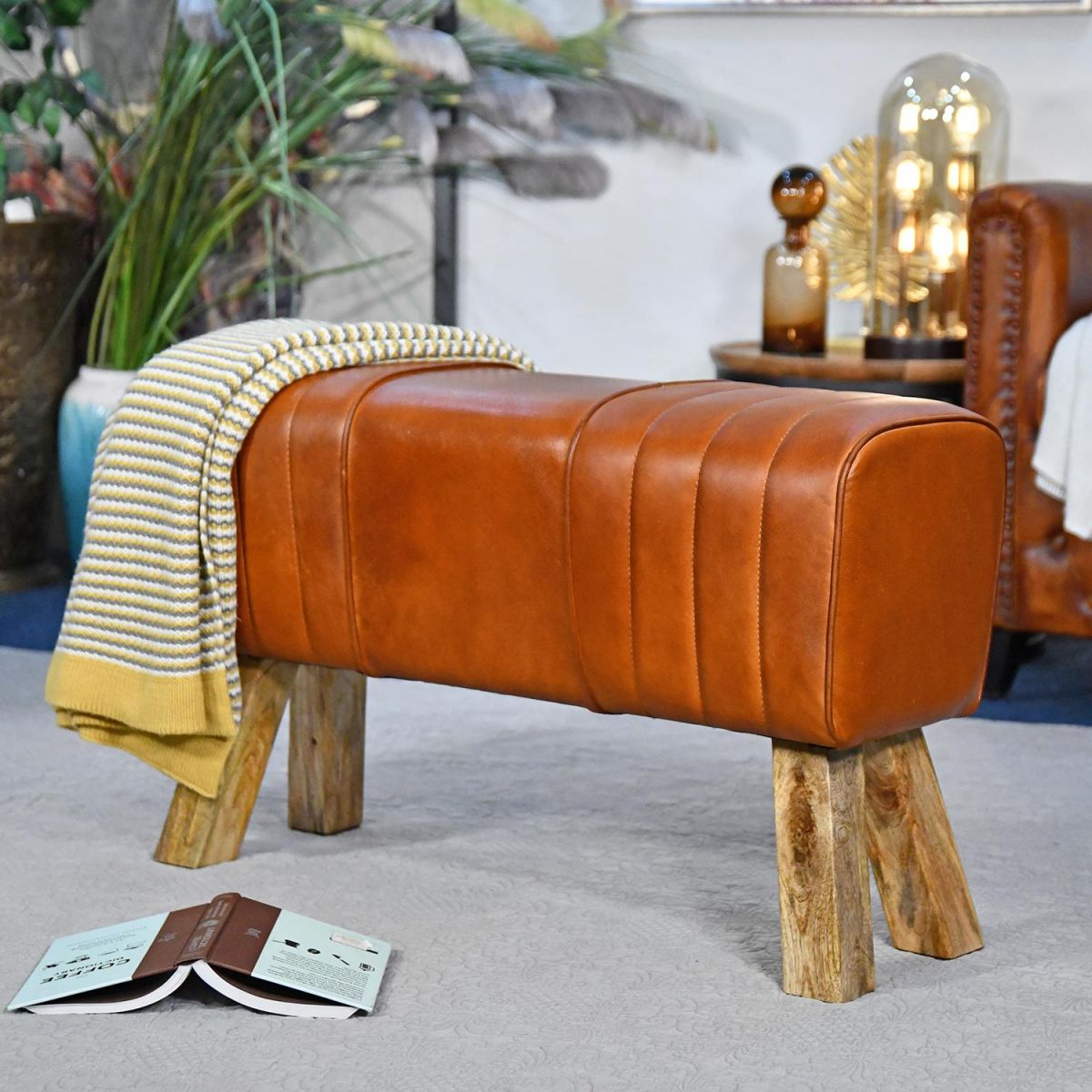 "The Brodie" Mango Wood &Tan Leather Bench 