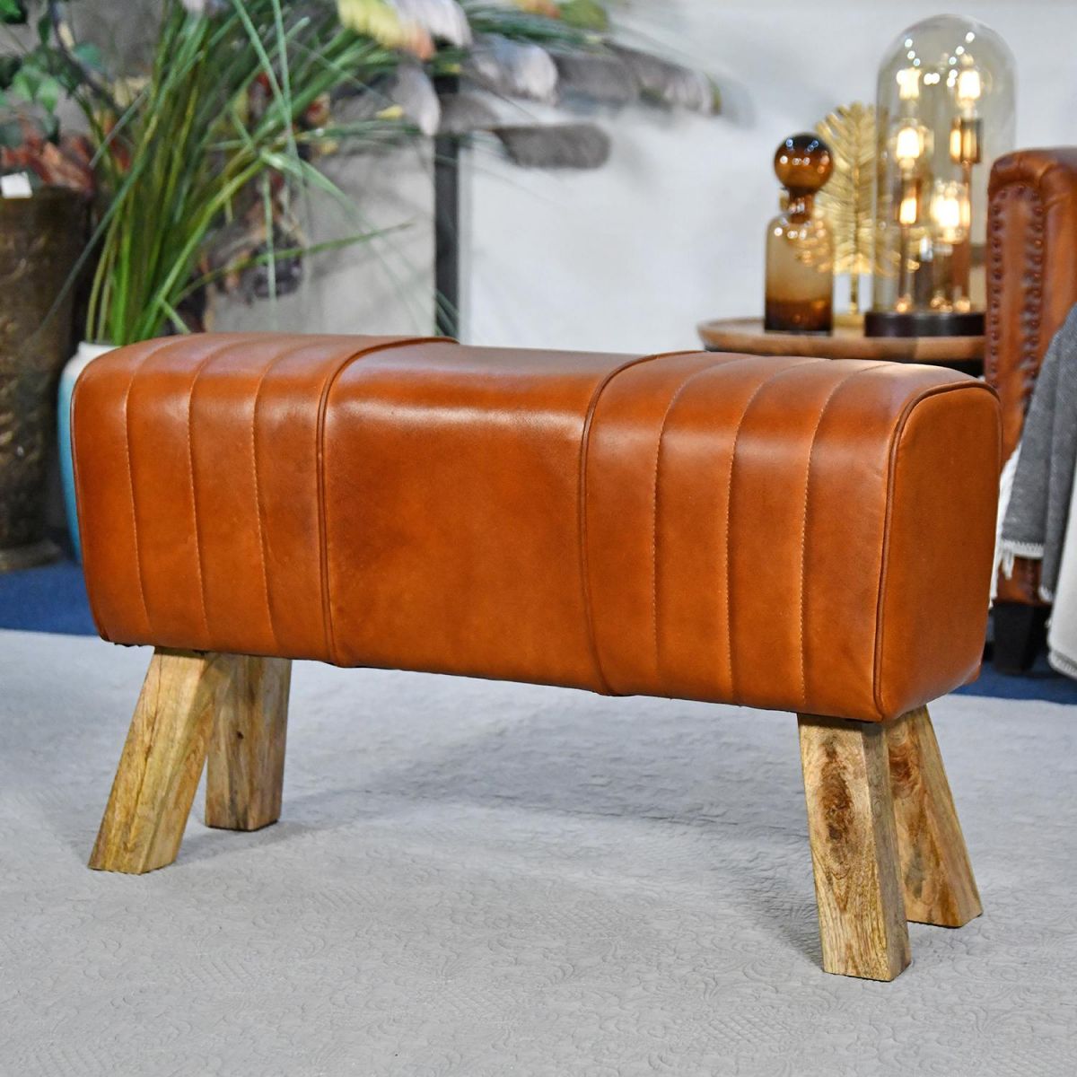 Mango Wood & Tan Leather Bench 