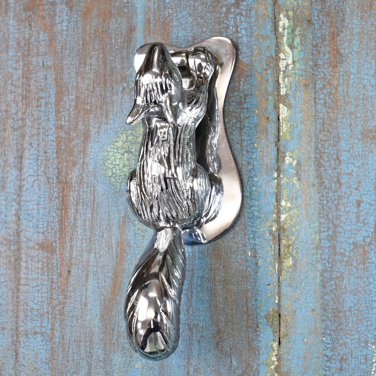 Bright Chrome Squirrel Door Knocker on Antique Door