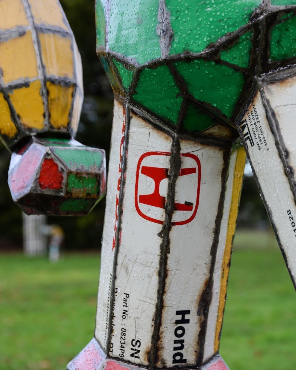"Sentry" the Robot Upcycled Oil Drum Garden Sculpture close up of legs