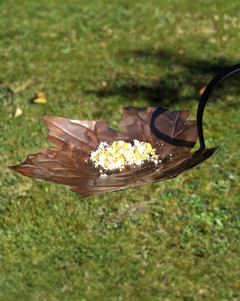 Close-up of the "Forever Autumn" Leaf Design Bird Bath Feeder in Situ holding Bird Seed