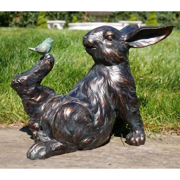 Bird Sitting on Rabbit Garden Sculpture in an Antique Bronze Finish