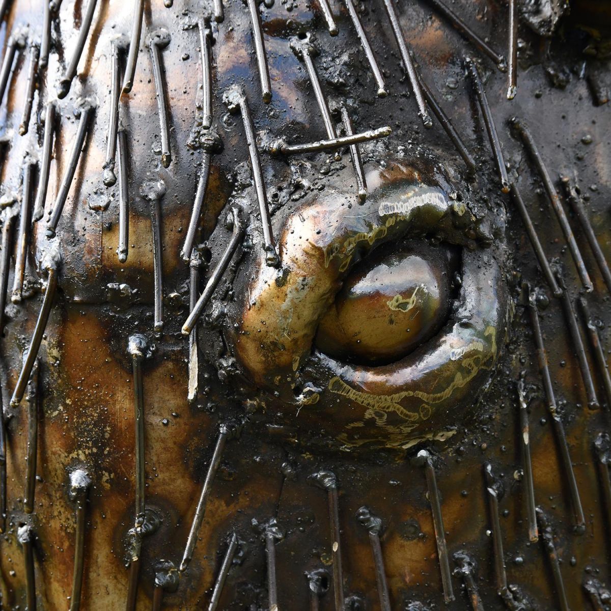 Close-up of the Recycled Metal Finish on the Bison Sculpture