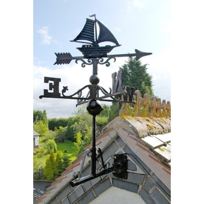 Cast Iron Sail Boat Weathervane Mounted on the Universal Bracket Vertically Cast Iron Sail Boat Weathervane Mounted on the Universal Bracket Vertically