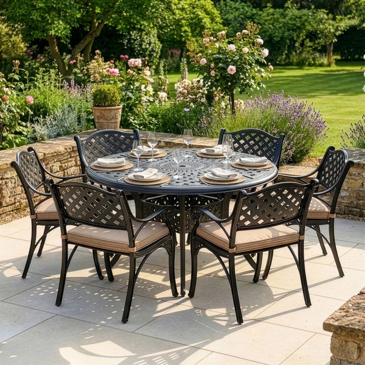 Black "Milford" Six Seater Furniture Set in Situ Outside on a Garden Patio with cushions shrink digital illustration